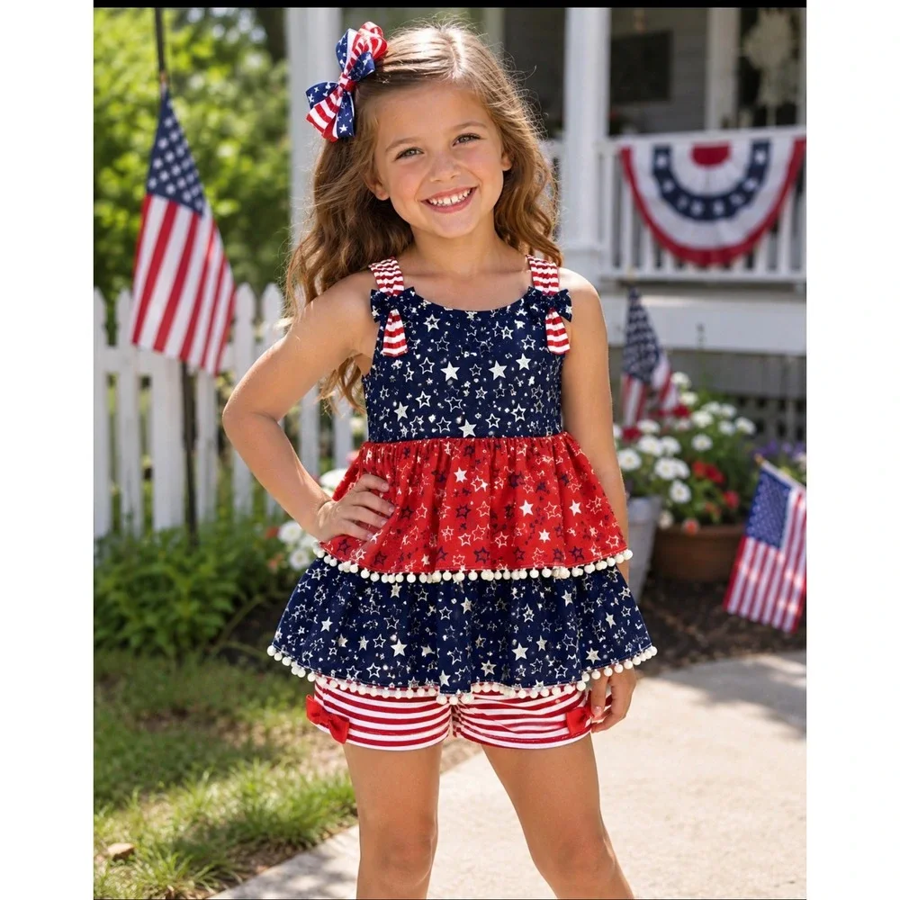 Little Lass Girls 2 Piece Patriotic Star Ruffle Outfit Set Sz 6 NWT 4th of July - Picture 1 of 8